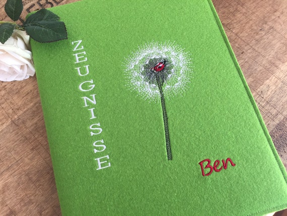 Certificate folder - Dandelion - 100% wool felt, folder for certificates, felt cover green, ladybug, lucky charm, clover leaf