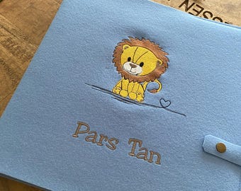 Photo album baby - little lion - with name, baby album personalized, wool felt sky blue