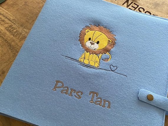 Photo album baby - little lion - with name, baby album personalized, wool felt sky blue