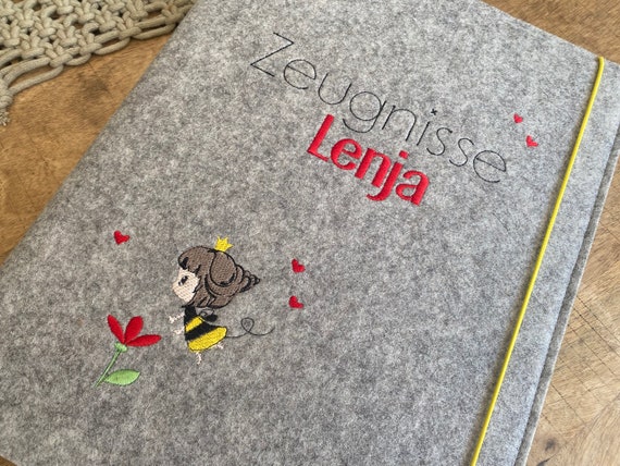 Certificate folder - little bee - made of wool felt, folder for certificates, document folder for girls