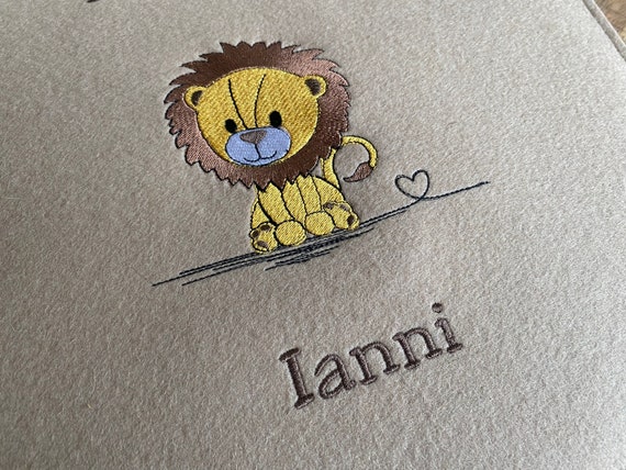 Photo album baby - little lion - with name, baby album personalized, wool felt camel