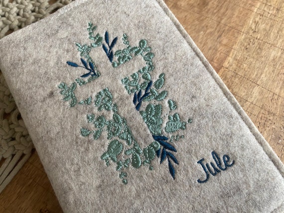 Hymn book cover made of wool felt - Floral cross - Eucalyptus, flower cross, leaf cross