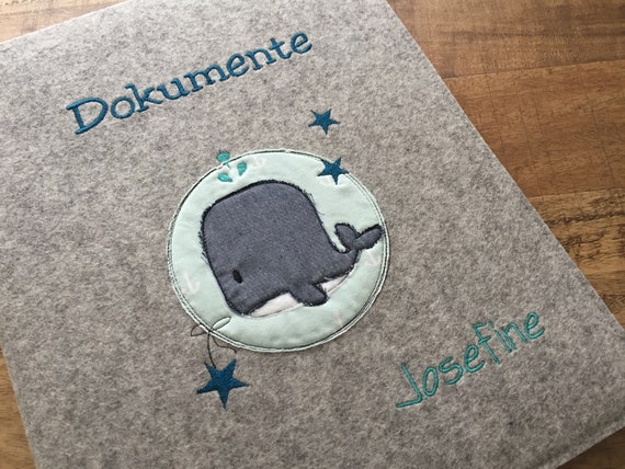 Certificate folder made of wool felt, folder for certificates - whale, document folder,