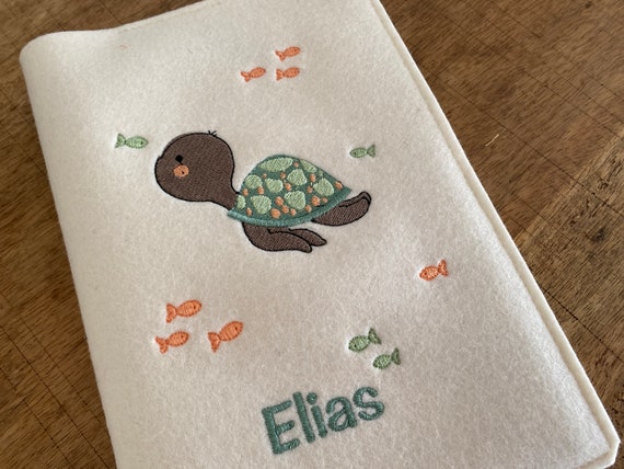 U-book cover made of wool felt maritime - turtle, fish - underwater world, cream, green - free choice of color