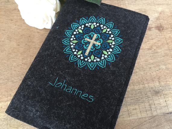 Hymnal cover made of wool felt - Mandala turquoise, petrol - cover for hymnal with name, felt cover, cover prayer book, communion, cross
