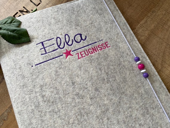 Certificate folder with name - made of wool felt, folder for certificates, document folder, felt cover, heart, purple, pink