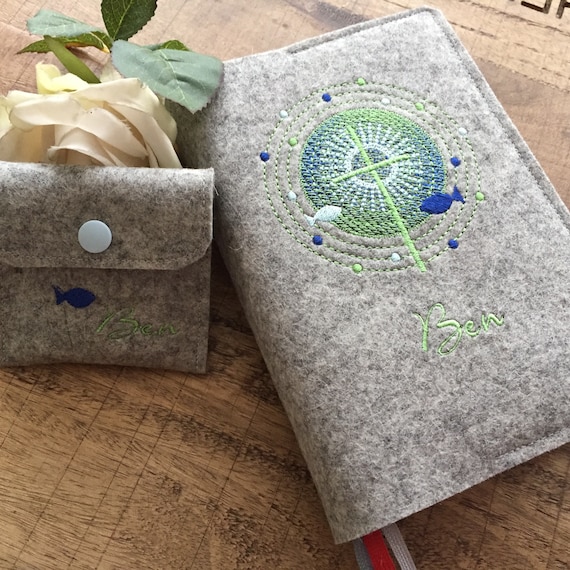 Hymnal cover made of wool felt - cross, fish/blue, green - cover for hymnal, felt cover, envelope, communion