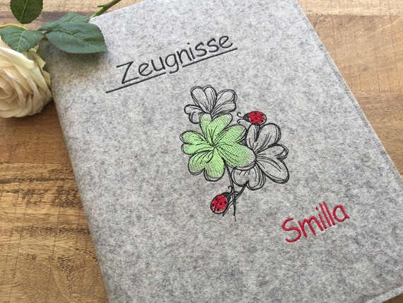 Certificate folder - lucky clover - 100% wool felt, folder for certificates, document folder, felt cover, ladybug, lucky charm, clover leaf