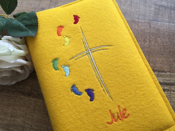 Hymnal cover made of wool felt yellow - footprints / cover for hymnal for communion, cross, cover for prayer book, felt cover