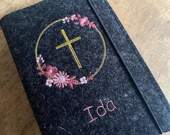 Felt hymnal cover - floral wreath, cross - felt cover, binding for hymnal for First Communion