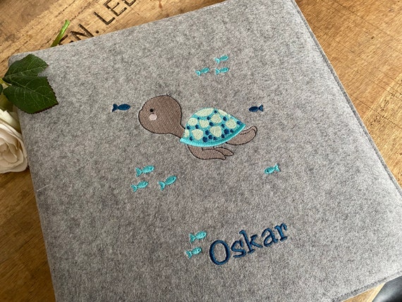 Photo album baby - turtle - embroidered photo album, personalized baby album, wool felt cover, turtle, fish, underwater world