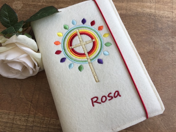 Hymnal cover made of wool felt - cream - rainbow colors, cross, cover for prayer book, gift for communion