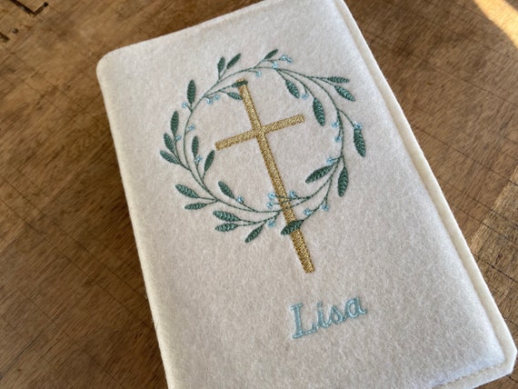 Hymnal cover made of wool felt - flower wreath, cross - felt cover, cover for hymnal for communion, leaf wreath