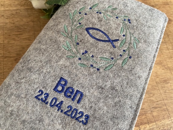 Hymnal cover made of wool felt - wreath of leaves, fish - felt cover, cover for hymnal for communion for boys and girls