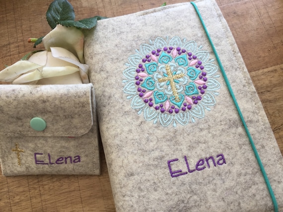 Hymn book cover made of wool felt - Mandala turquoise, purple - cover for hymn book with name, felt cover, cover prayer book, communion, cross