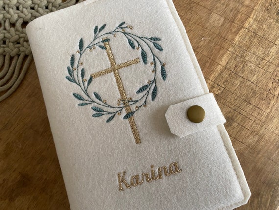 Hymnal cover made of wool felt - flower wreath, cross - felt cover, cover for hymnal for communion, gold leaf wreath
