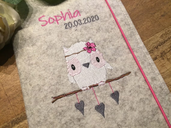 U-book cover made of wool felt - pretty owl with hearts - U-book cover, felt cover U-book girls, forest friends boho white, pink