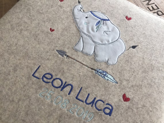 Photo album with name, baby album personalized, cover made of wool felt, cute elephant, Wild & Free, felt cover