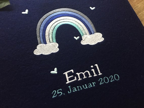 Photo Album Baby - Rainbow Blue Tones - Baby Album Personalized, Felt Cover Embroidered, Hearts