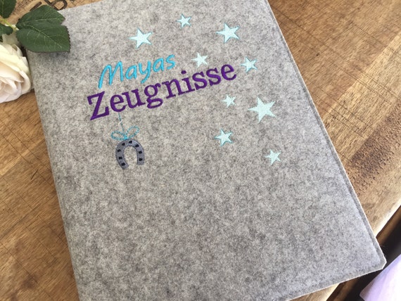 Certificate folder made of wool felt - star rain - grey - turquoise/purple, felt cover, gift for school enrollment