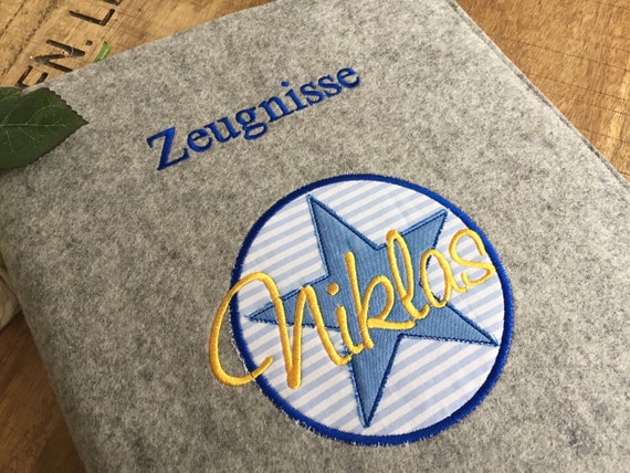 Certificate folder - Star, 100% wool felt, folder for certificates, document folder, felt cover, blue/yellow