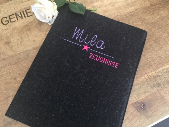 Certificate folder with name - made of wool felt, folder for certificates, document folder, felt cover, star