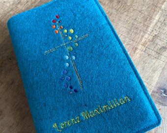 Praise to God cover felt - glitter - rainbow, gold cross, turquoise cover for Praise to God for communion, prayer book cover