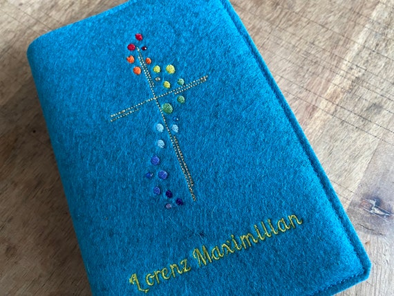 Hymn book cover felt - glitter - rainbow, gold cross, turquoise cover for hymn book for communion, prayer book cover