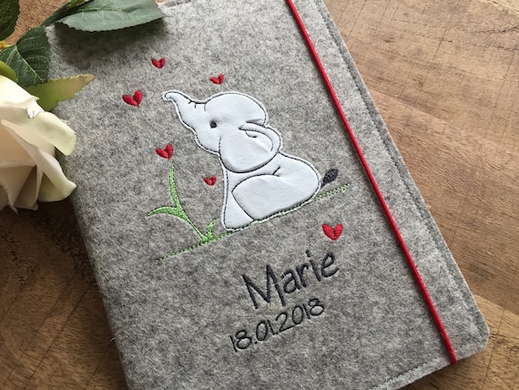 U-book cover made of wool felt - elephant, heart, U-book cover with name, felt cover examination booklet, 100% wool felt