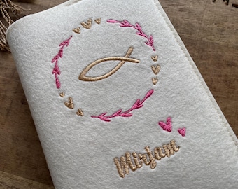 Hymnal cover made of wool felt - flower wreath, fish - felt cover cream, cover for hymnal for communion