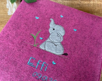 Fotoalbum Baby - Elefant -  Babyalbum mit Namen, 100% Wollfilz, pink, Geschenk zur Taufe, Babytagebuch