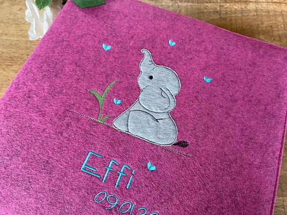Photo album Baby - Elephant - Baby album with name, 100% wool felt, pink, baptism gift, baby diary