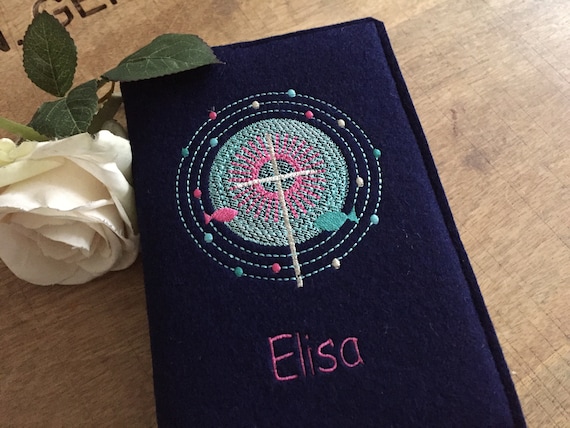 Hymnal cover made of wool felt - navy/pink/turquoise - felt cover for hymnal, hymnal cover for communion, cross, fish