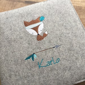 Photo album with name, baby album personalized, envelope made of wool felt, cute fox, Wild & Free, feather