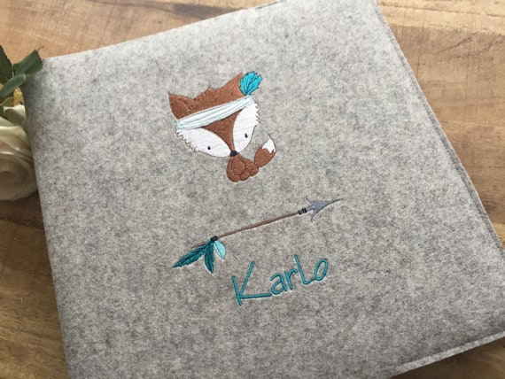 Photo album with name, personalized baby album, wool felt cover, cute fox, Wild & Free, feather
