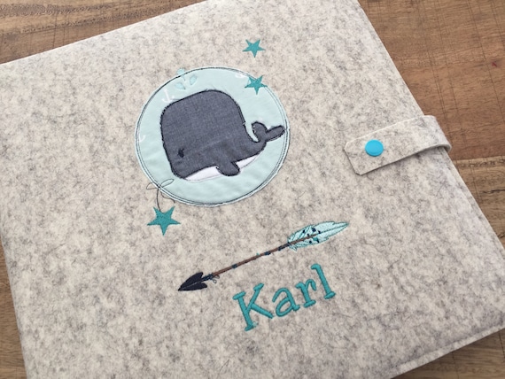 Photo album with name, baby album personalized, cover made of wool felt, cute whale, Wild & Free, felt cover