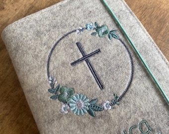Felt hymnal cover - floral wreath, cross - felt cover, binding for hymnal for First Communion