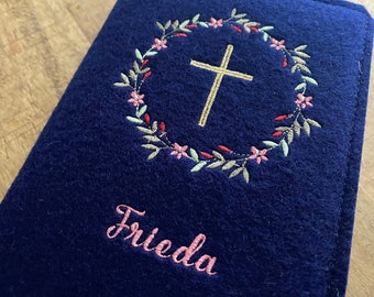 Worship book cover made of felt - floral wreath, gold cross - Worship book cover made of dark blue wool felt
