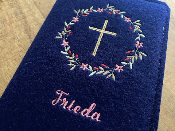 Hymnal cover felt - flower wreath, cross gold - Hymnal cover made of wool felt dark blue
