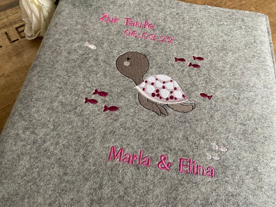 Photo album baby - turtle - embroidered photo album, personalized baby album, wool felt cover, turtle, fish, for baptism