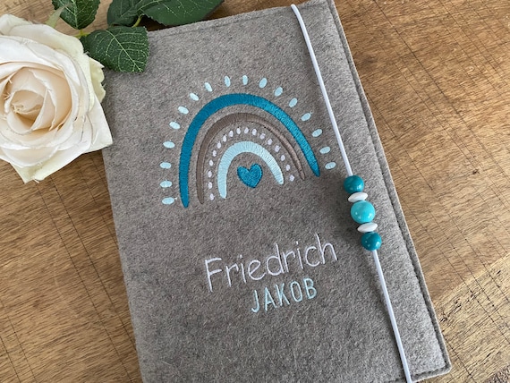 U-book cover made of wool felt, embroidered - rainbow - U-book cover, felt cover for examination booklet, cover U-book with name