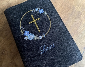 Felt hymnal cover - floral wreath, cross - felt cover, binding for hymnal for First Communion