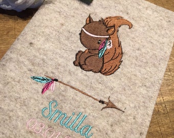 U-book cover made of wool felt with name - cute squirrel, U-book cover, cover for examination booklet, Squirrel