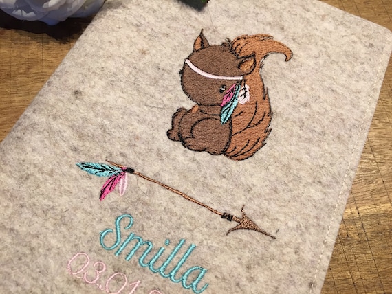 U-book cover made of wool felt with name - cute squirrel, U-book cover, cover for examination booklet, Squirrel