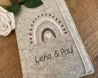 Baby record book cover made of wool felt - rainbow natural - Scandi, sibling cover with name, baby record book cover for twins