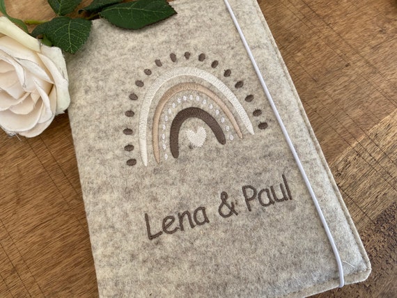 U-book sibling cover made of wool felt - rainbow natural - Scandi, sibling cover with name, U-book cover twins