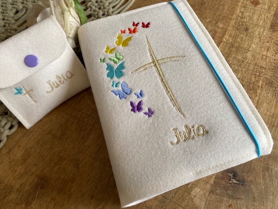Hymn Book Cover Felt - Butterflies in Rainbow Colors, Cover for Hymn Book Made of Wool Felt for Communion, Cross, Cover for Prayer Book