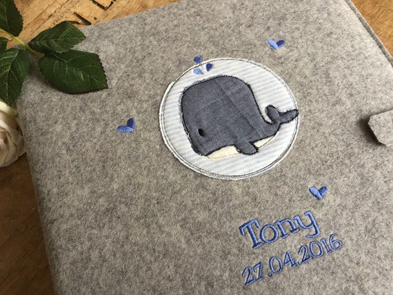 Photo album with name, baby album personalized, cover made of wool felt, cute whale, Wild & Free, blue