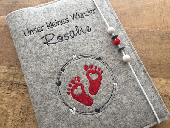 U Notebook Cover made of wool felt - baby feet, heart - red, grey