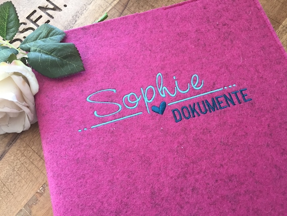Certificate folder with name - made of wool felt, folder for certificates, document folder, felt cover pink, heart